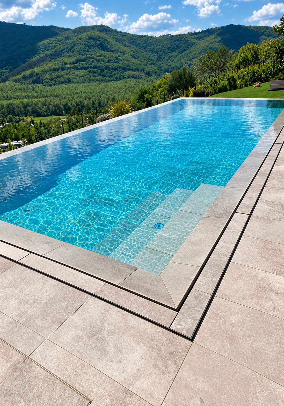 Ralo de borda em piscina de infinita Mozaik